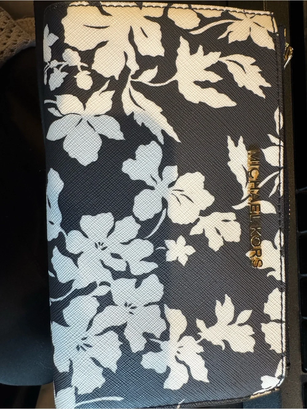 Michael Kors Black & White Floral Zip Around Wallet